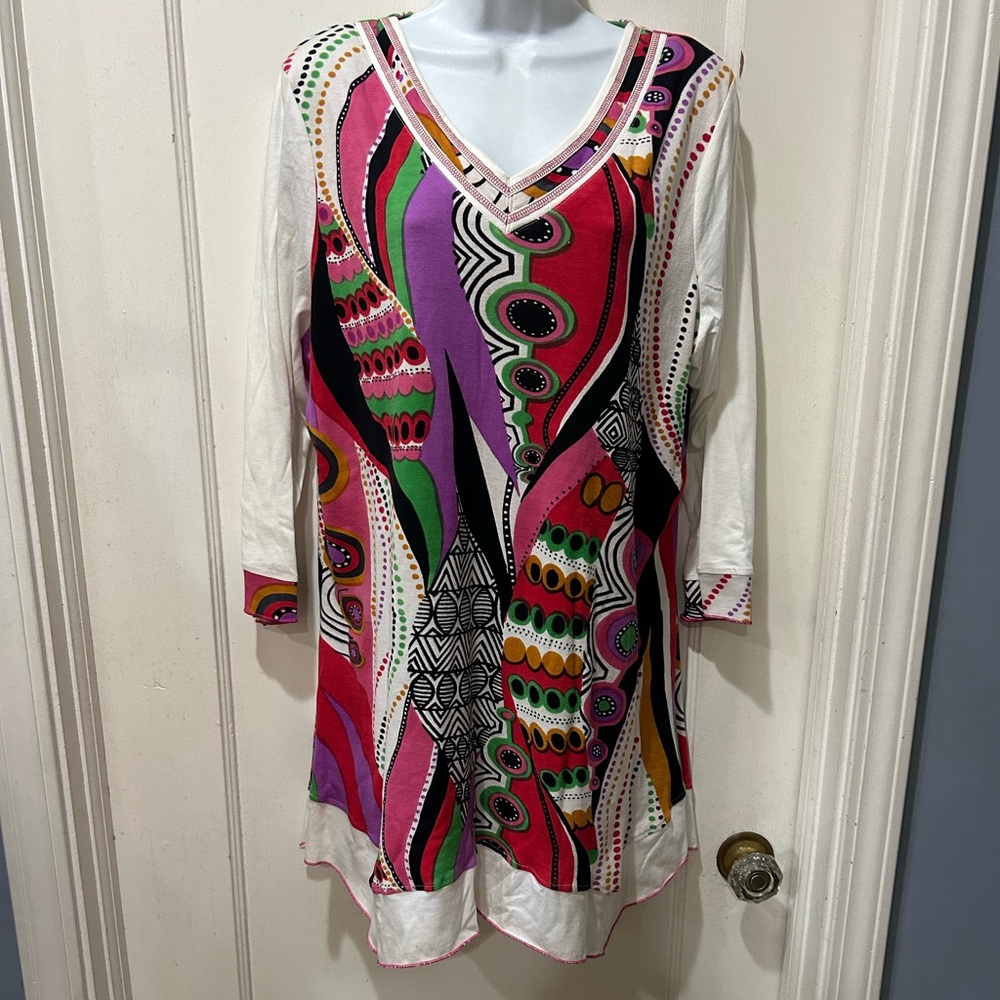 Parsley & Sage V-Neck Abstract Print Tunic — Pink, Purple, Green & Black